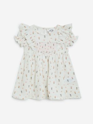 HOP Baby Off-White Printed Cotton A-Line Dress