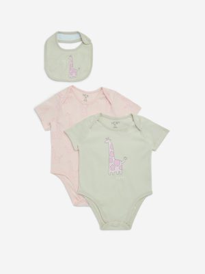 HOP Baby Multicolour Cotton Rompers with Bib - Pack of 2