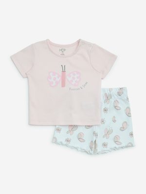 HOP Baby Pink Printed Cotton T-Shirt with Shorts Set