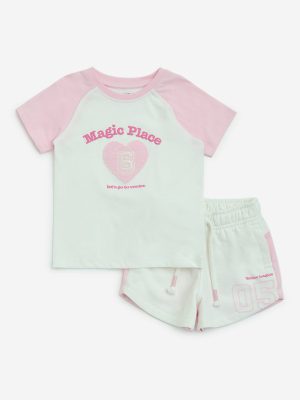 HOP Kids Pink Text Design Cotton T-Shirt and Shorts Set