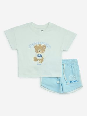 HOP Kids Light Blue Cotton-Blend T-Shirt and Shorts Set