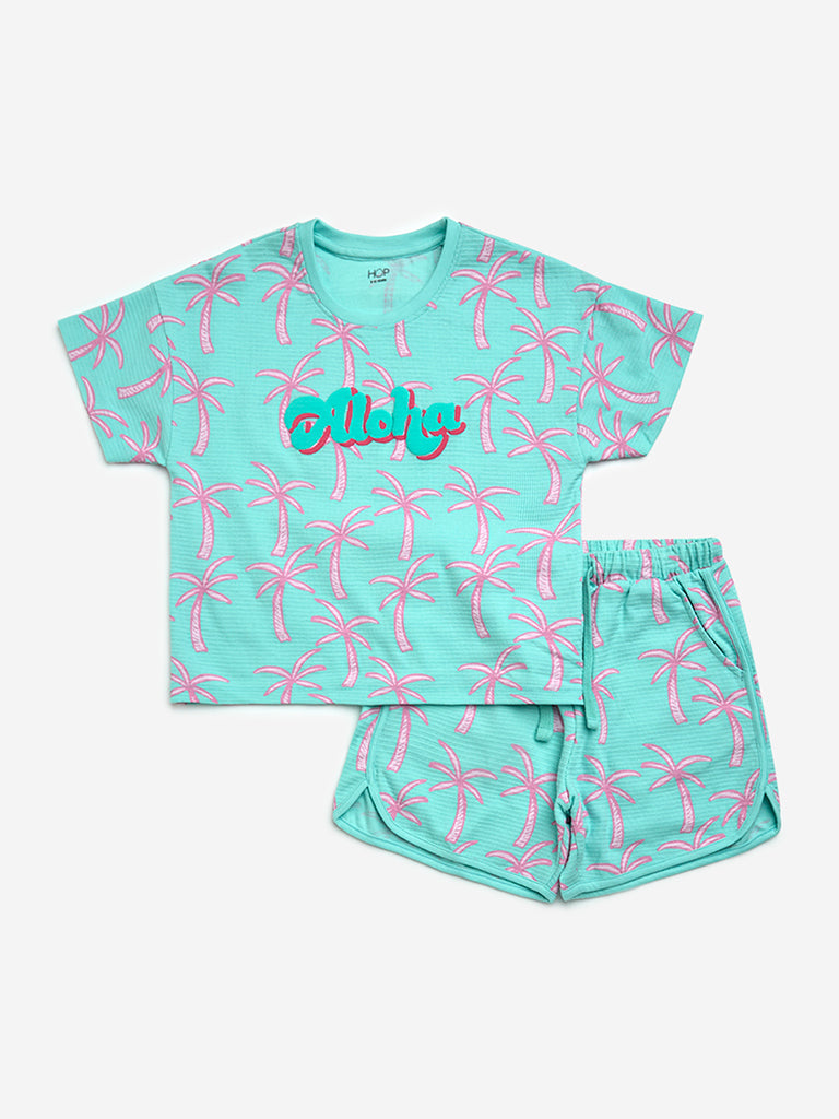 HOP Kids Turquoise Cotton-Blend T-Shirt with Shorts Set