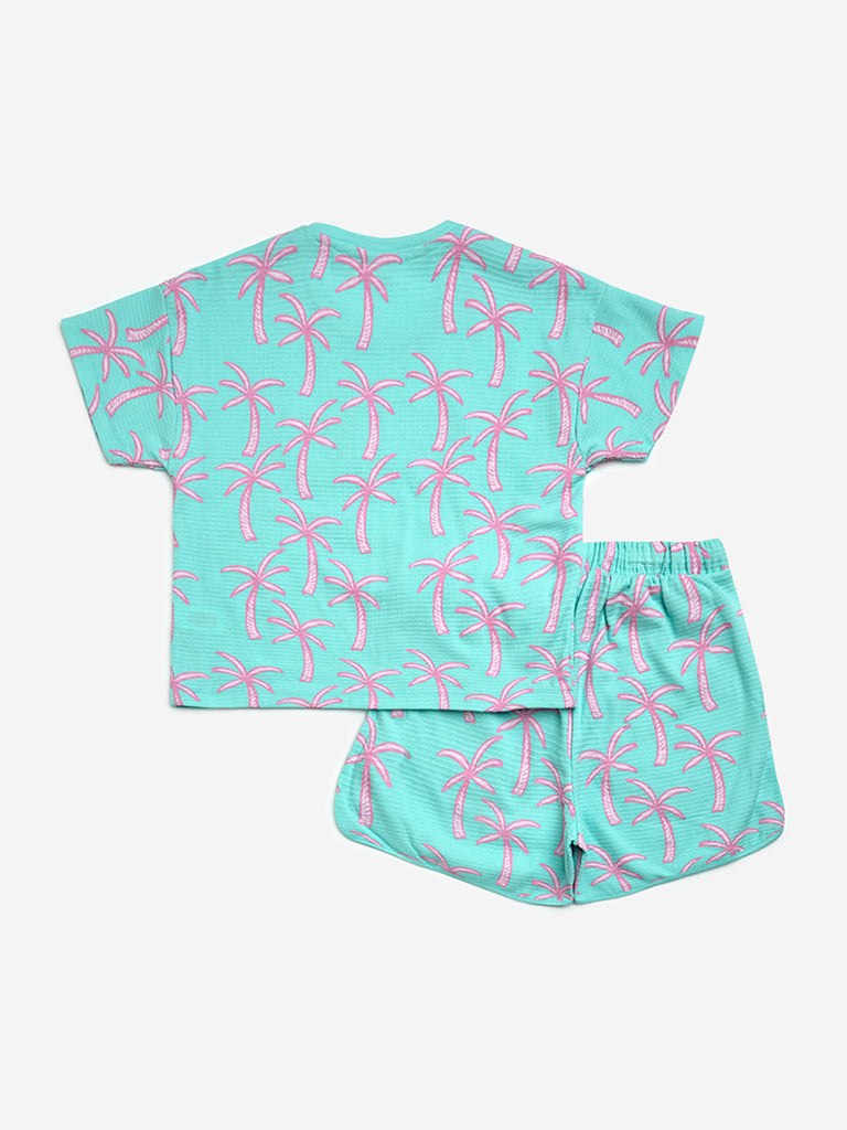 HOP Kids Turquoise Cotton-Blend T-Shirt with Shorts Set - Image 2