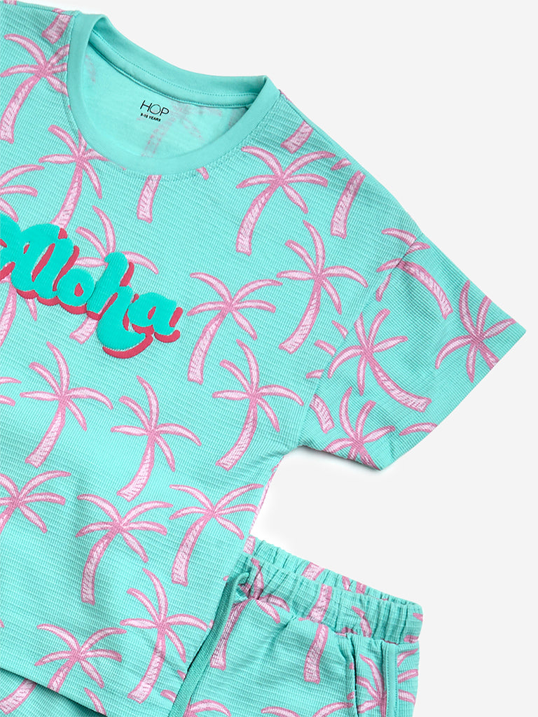 HOP Kids Turquoise Cotton-Blend T-Shirt with Shorts Set - Image 3