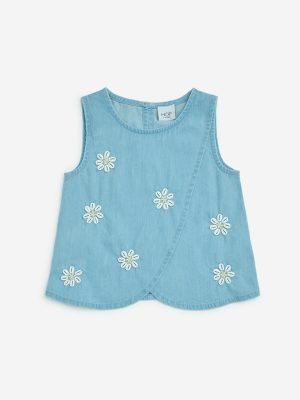 HOP Kids Blue Shell Embroidered Cotton Top