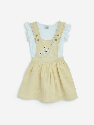 HOP Kids Light Beige Floral Cotton Pinafore and T-Shirt Set