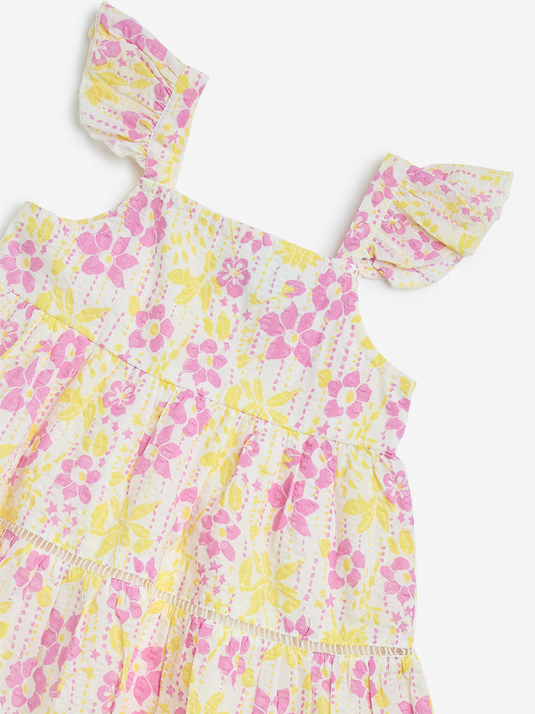 HOP Kids Multicolour Floral Pattern Cotton Tiered Dress - Image 3