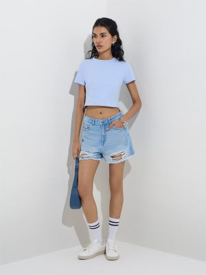 Nuon Blue Distressed Mid-Rise Denim Shorts