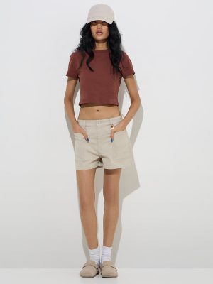 Nuon Beige Mid-Rise Cotton-Blend Shorts