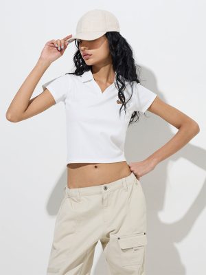 Nuon White Ribbed-Textured Polo T-Shirt