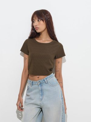 Nuon Dark Olive Ribbed Cut-Out Detailed Crop T-Shirt