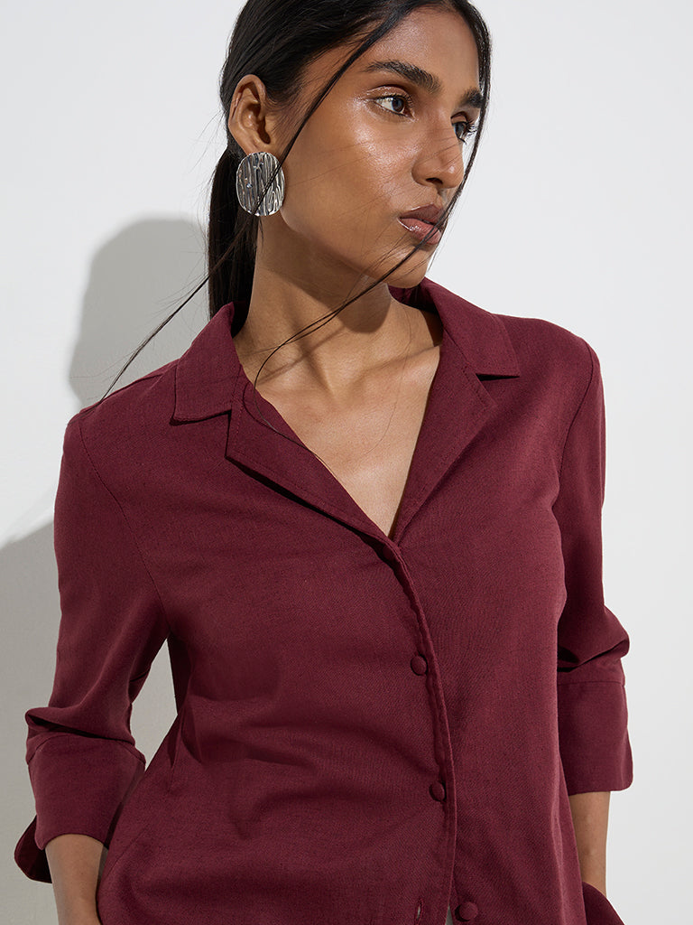 Wardrobe Burgundy Solid Linen-Blend Shirt - Image 2