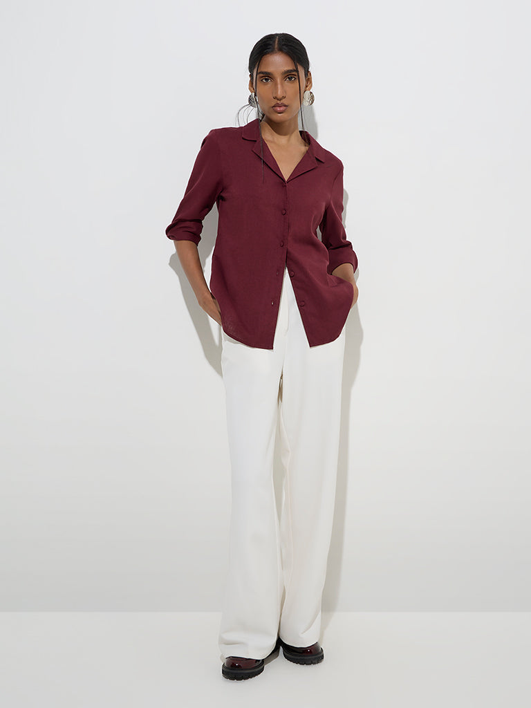 Wardrobe Burgundy Solid Linen-Blend Shirt - Image 3