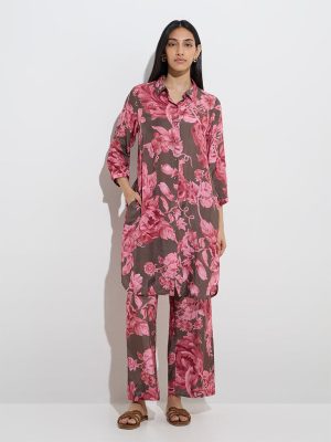 Utsa Brown Floral Pattern A-Line Kurta