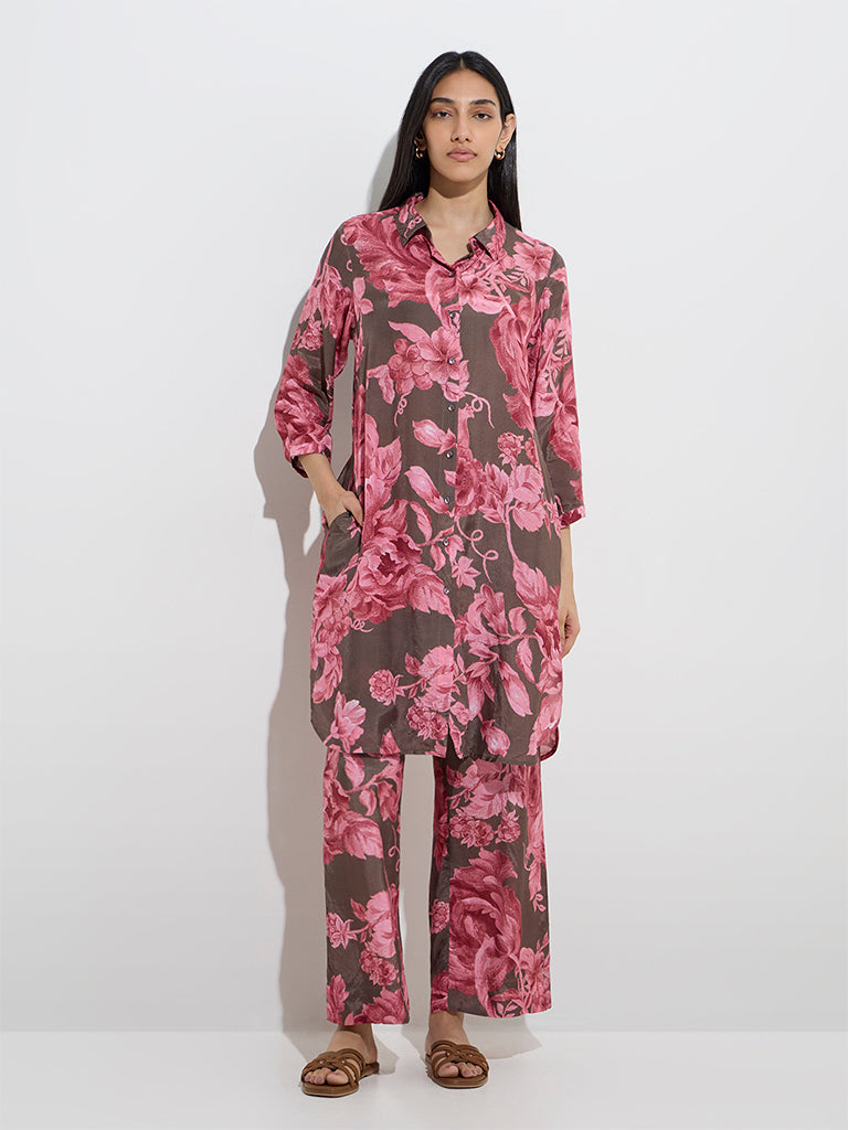 Utsa Brown Floral Pattern A-Line Kurta