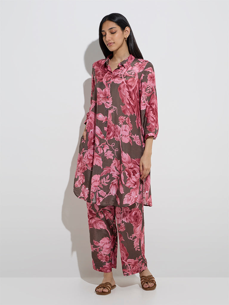 Utsa Brown Floral Pattern A-Line Kurta - Image 3