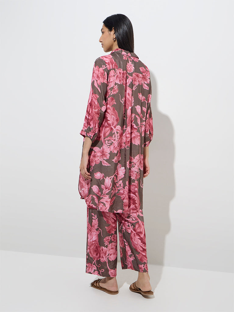 Utsa Brown Floral Pattern A-Line Kurta - Image 4