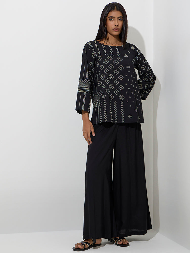Utsa Black Printed Cotton-Blend Kurti