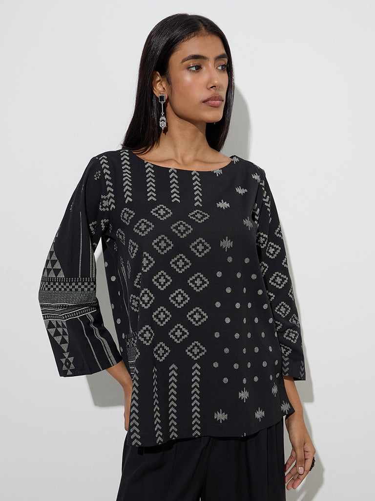 Utsa Black Printed Cotton-Blend Kurti - Image 2