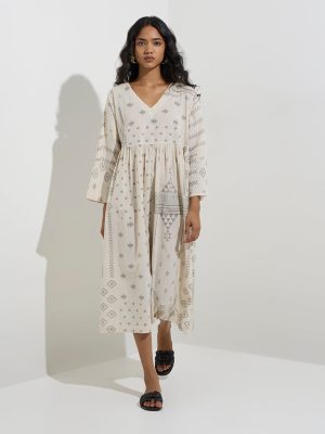 Utsa Off-White Geometric Pattern Cotton-Blend A-Line Dress