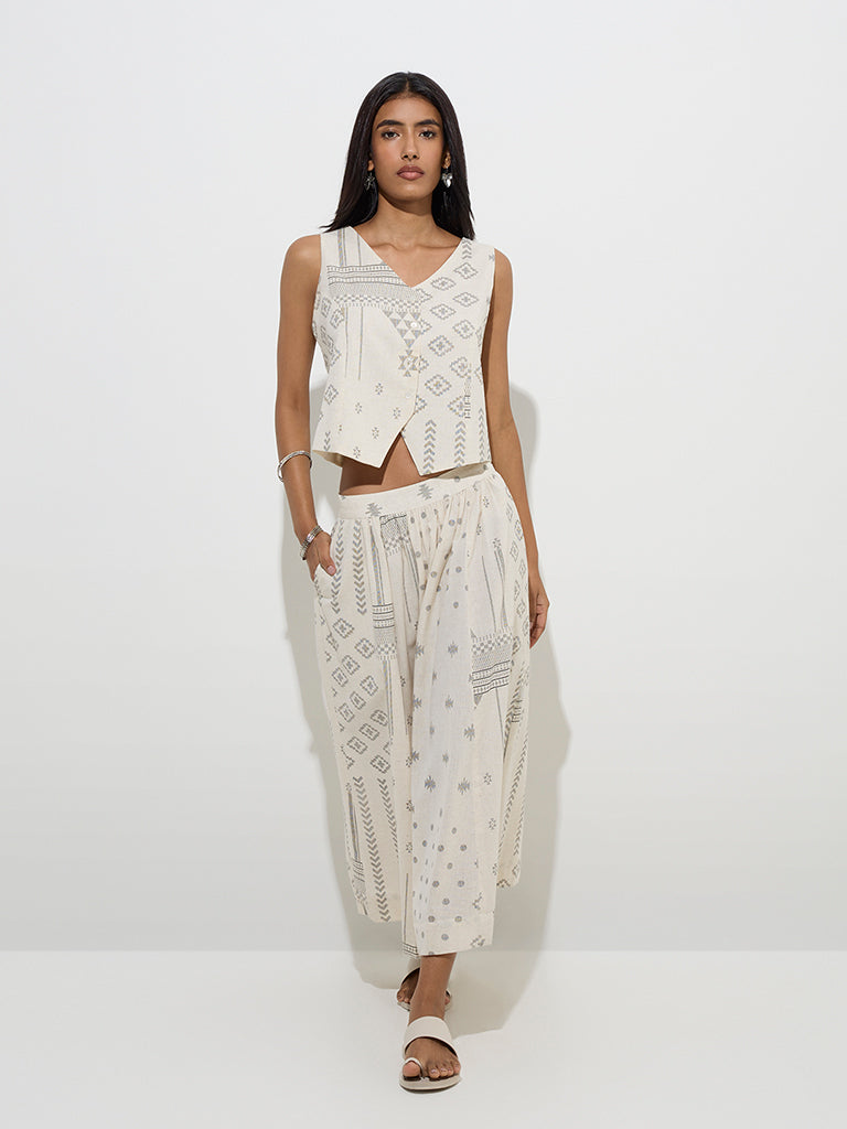 Utsa Off-White Printed Cotton-Blend Top - Image 2