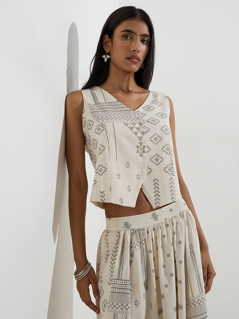 Utsa Off-White Printed Cotton-Blend Top