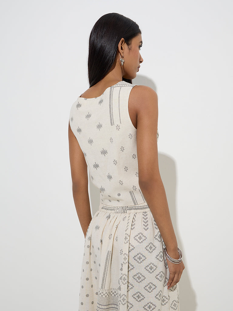 Utsa Off-White Printed Cotton-Blend Top - Image 4