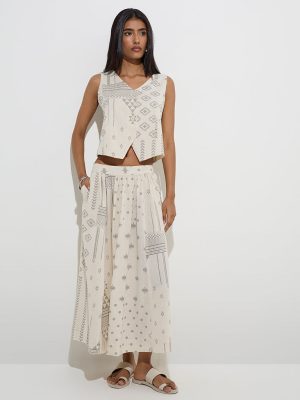 Utsa Off-White Printed Cotton-Blend Skirt