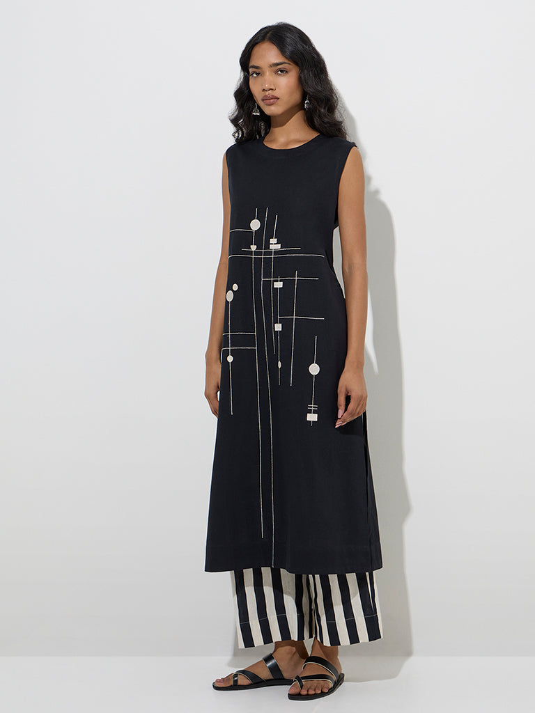 Utsa Black Striped Cotton-Blend Ethnic Pants