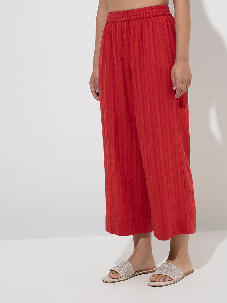 Utsa Red Self-Striped Cotton-Blend Ethnic Pants