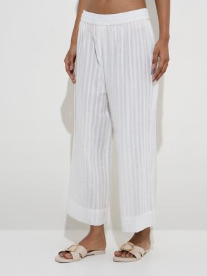 Utsa White Self-Striped Cotton Ethnic Pants