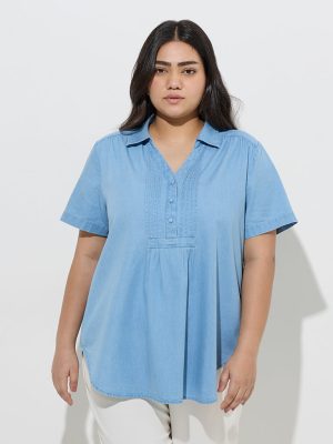 Gia Light Blue Pintuck-Detailed Denim Blouse