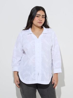 Gia White Floral Embroidered Cotton High-Low Shirt