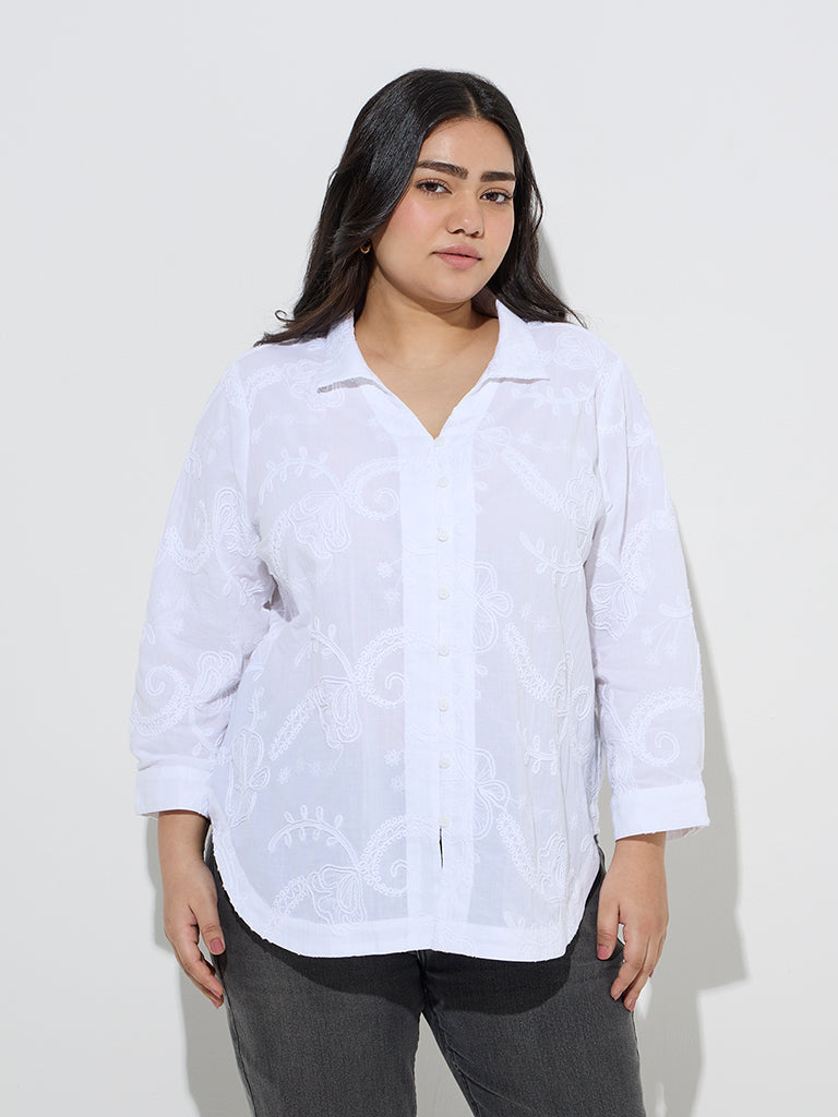 Gia White Floral Embroidered Cotton High-Low Shirt