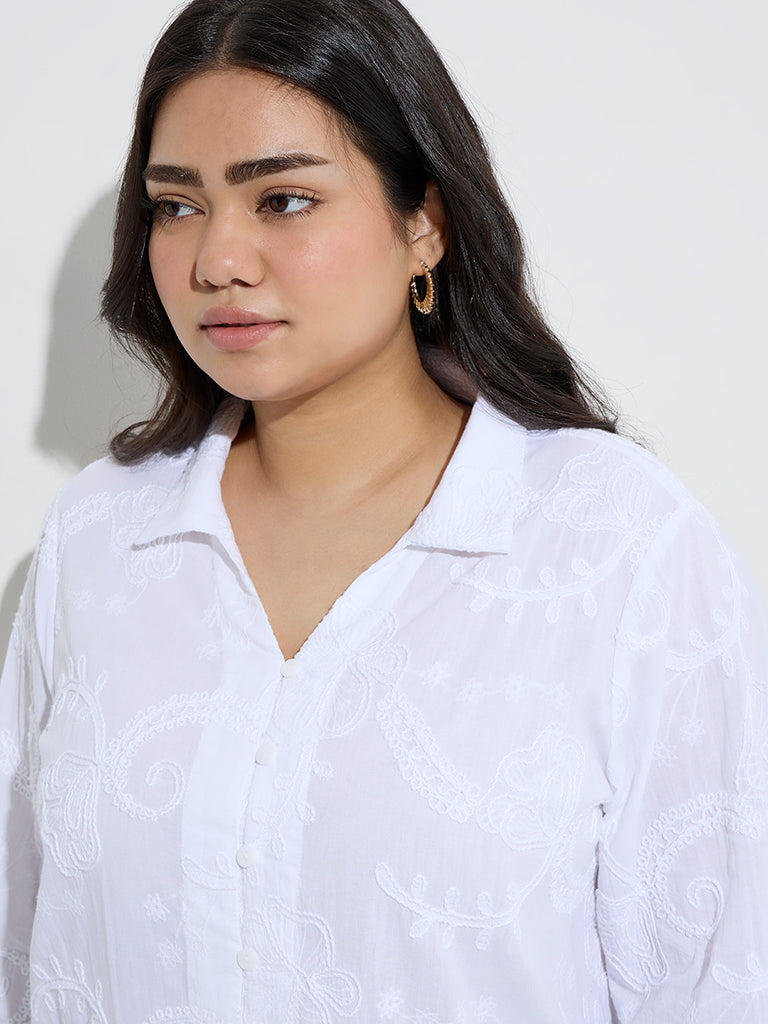 Gia White Floral Embroidered Cotton High-Low Shirt - Image 2