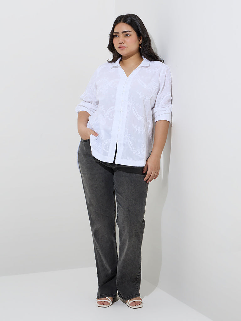 Gia White Floral Embroidered Cotton High-Low Shirt - Image 3