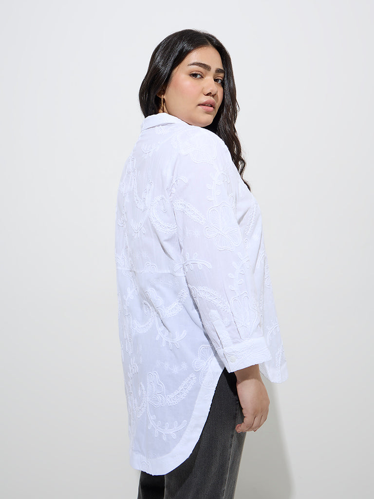 Gia White Floral Embroidered Cotton High-Low Shirt - Image 4