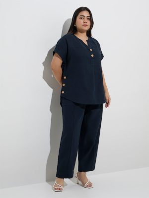 Gia Navy Button-Detailed Cotton Blouse