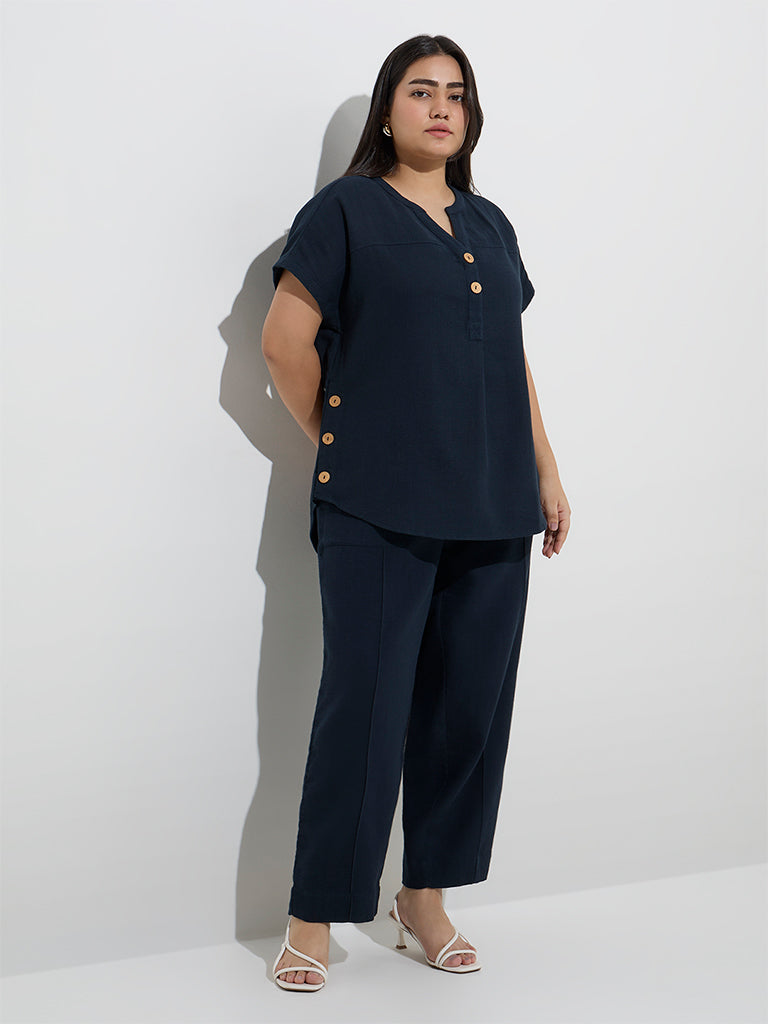 Gia Navy Button-Detailed Cotton Blouse