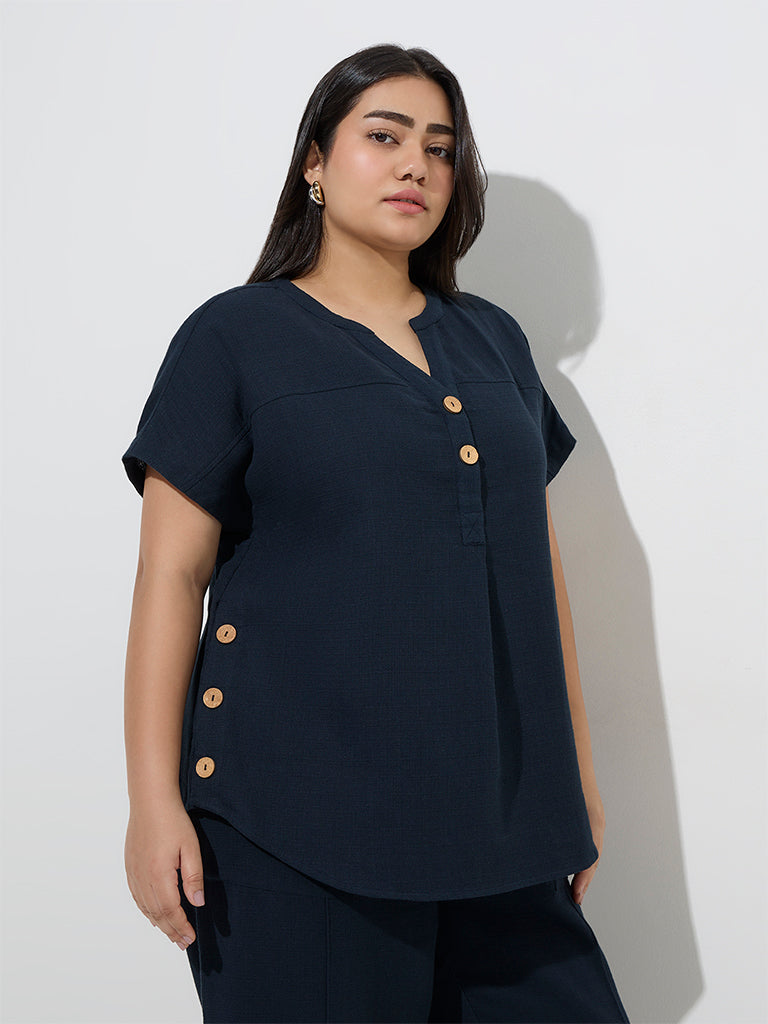 Gia Navy Button-Detailed Cotton Blouse - Image 2