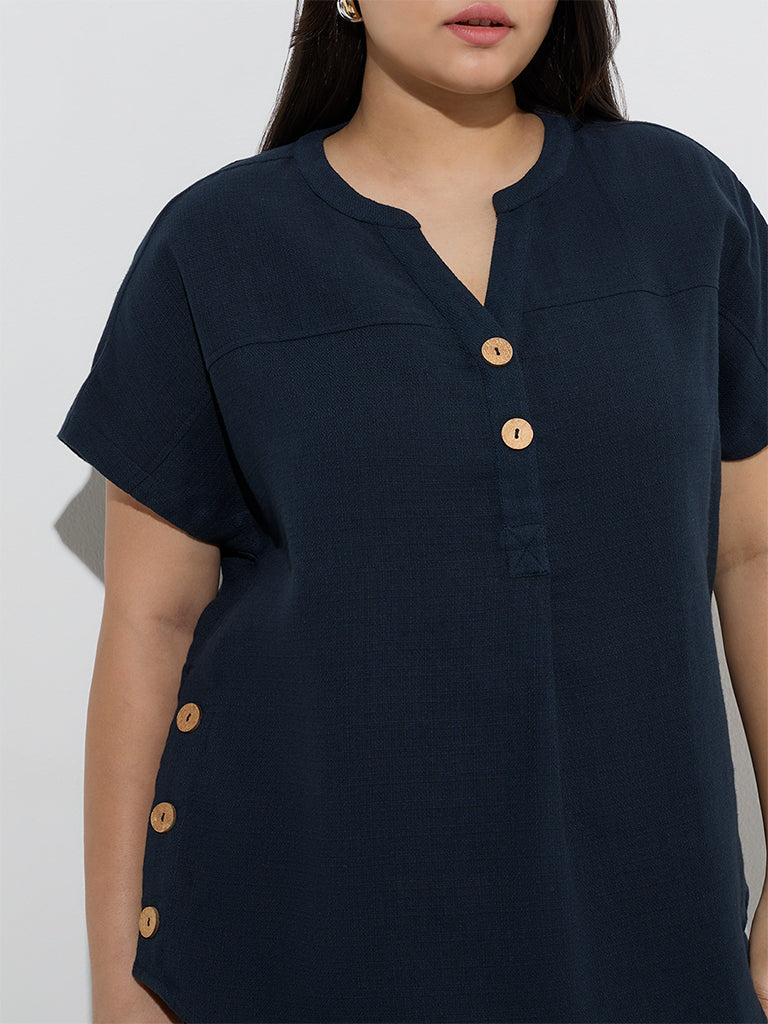 Gia Navy Button-Detailed Cotton Blouse - Image 3