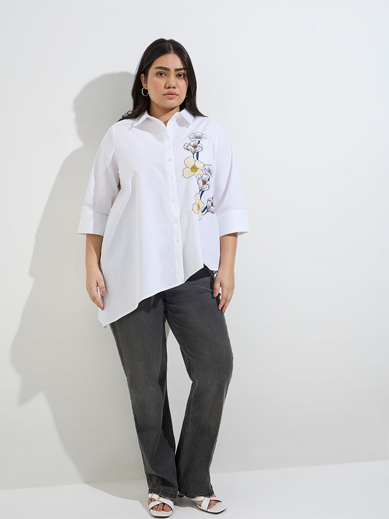Gia White Floral Embroidered Cotton Shirt - Image 3