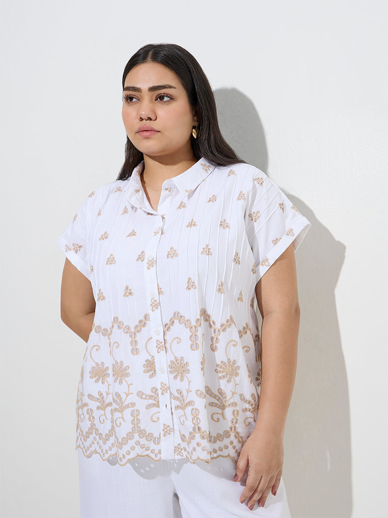 Gia White Floral Embroidered Cotton Shirt