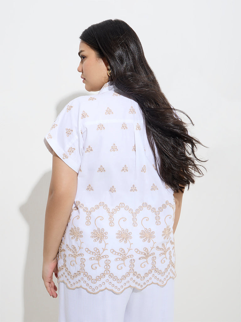 Gia White Floral Embroidered Cotton Shirt - Image 4