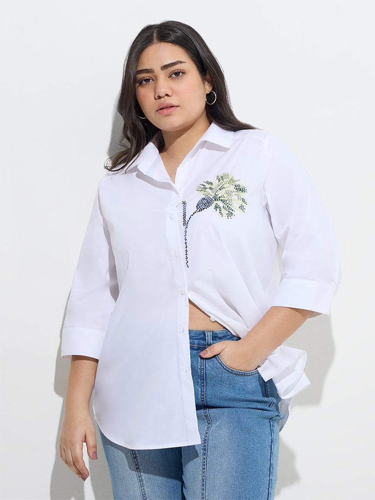 Gia White Floral Embroidered Cotton Shirt