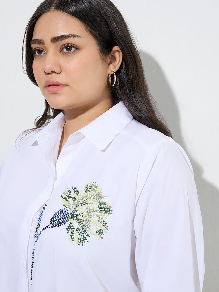 Gia White Floral Embroidered Cotton Shirt - Image 2