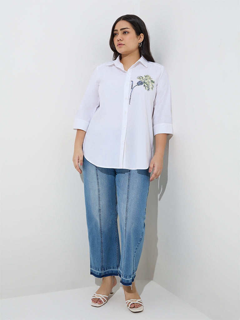 Gia White Floral Embroidered Cotton Shirt - Image 3