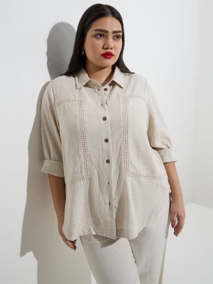 Gia Beige Crochet-Detailed High-Low Cotton Shirt