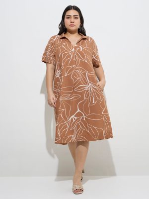 Gia Light Brown Foliage Design Cotton A-Line Dress