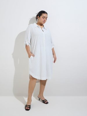 Gia White Pinstripe Detailed High-Low A-Line Dress